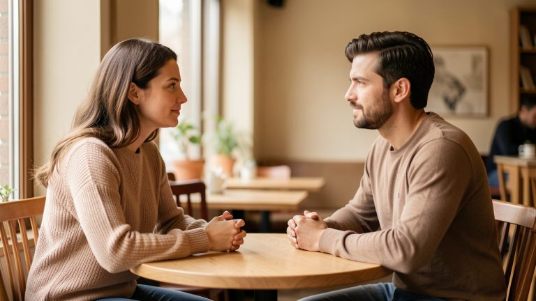 Un homme et une femme discutent calmement dans un café, avec une attitude ouverte et respectueuse, symbolisant une communication honnête dès le début d’une relation.