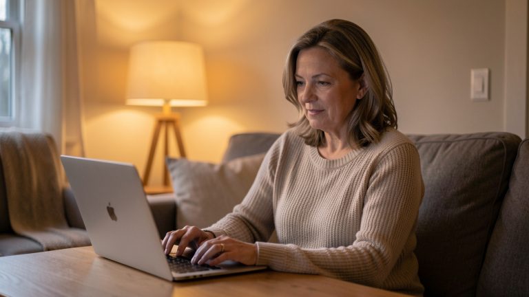 Une femme d’une cinquantaine d’années utilise sereinement un ordinateur portable chez elle, dans une ambiance chaleureuse évoquant un nouveau départ.