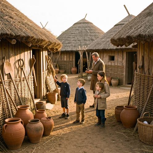 Une famille découvre un village gaulois reconstitué avec des maisons rondes en bois, des clôtures tressées, des poteries et des outils anciens.