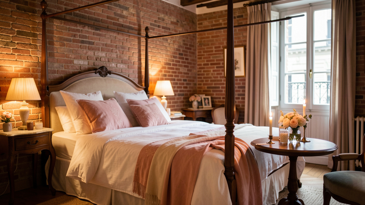 Chambre d’hôte romantique à Toulouse avec un lit élégant, des textiles rose et crème, des bougies et des fleurs dans une ambiance chaleureuse.