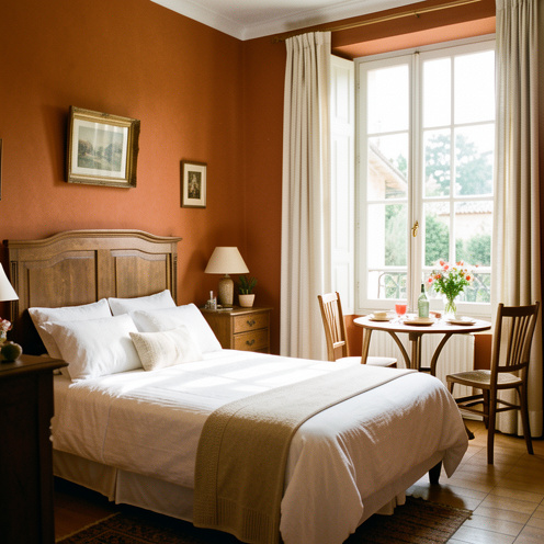 Chambre d’hôtes chaleureuse à Toulouse avec murs couleur terre cuite, literie blanche, mobilier ancien et lumière douce du matin.