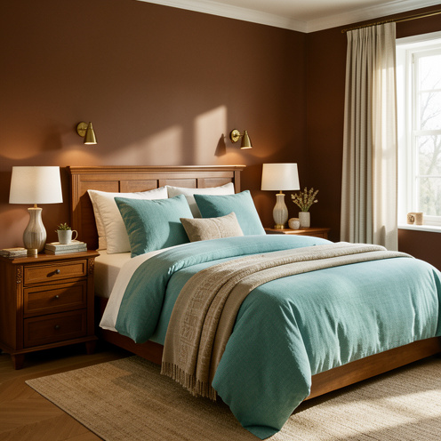 Chambre élégante associant des teintes marron chocolat à des éléments turquoise, avec une lumière douce et une atmosphère chaleureuse.