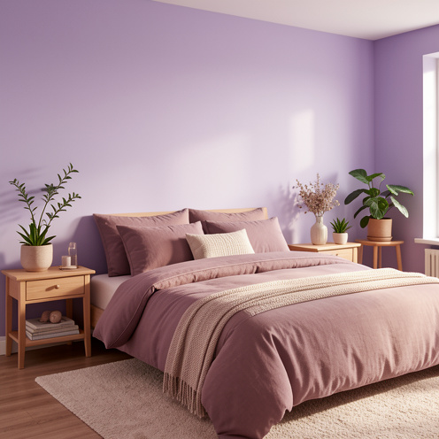 Chambre décorée dans des tons violets et lavande avec une literie douce, des meubles en bois et des plantes, créant une ambiance apaisante.