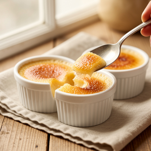 Deux ramequins de crème brûlée aux surfaces caramélisées dorées, avec une cuillère brisant délicatement la croûte de sucre.