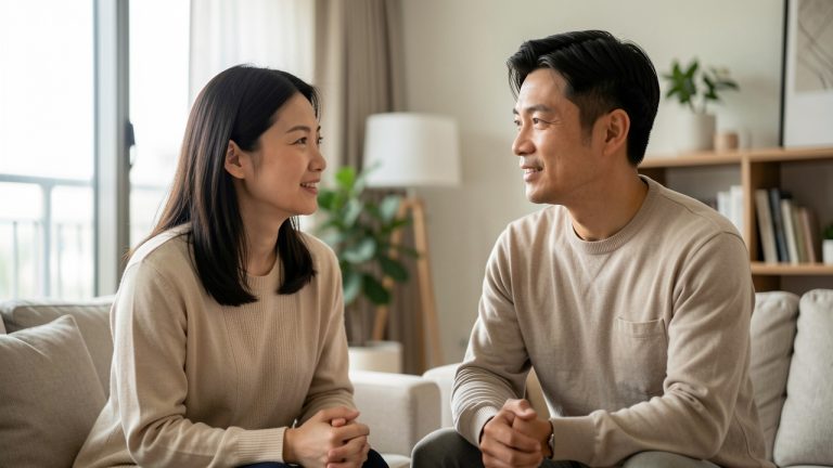 Une femme chinoise et un homme chinois échangent calmement dans un intérieur contemporain, dans une atmosphère respectueuse et sans stéréotypes.