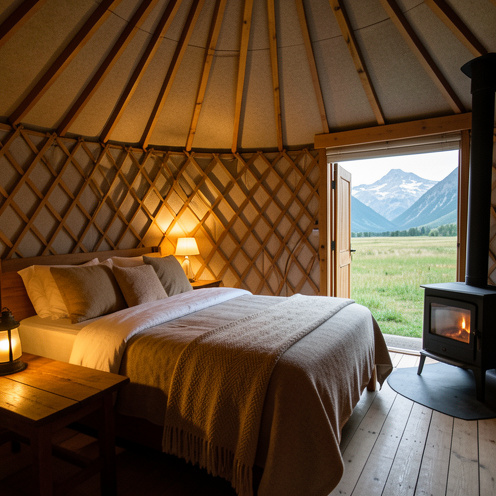Intérieur chaleureux d’une yourte aménagée pour une nuit confortable, avec un lit préparé, des couvertures en laine, des coussins et une vue paisible sur une prairie montagneuse.
