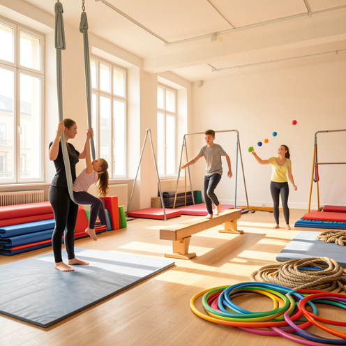 Salle lumineuse d’une école de cirque à Toulouse, avec une instructrice et de jeunes élèves pratiquant le tissu aérien, l’équilibre et la jonglerie.