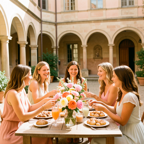 Cinq femmes souriantes organisent une célébration entre amies autour d’une table fleurie dans une cour historique ensoleillée de Toulouse.