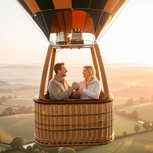 Un homme et une femme profitent ensemble d’un vol en montgolfière au lever du soleil au-dessus d’une campagne vallonnée.