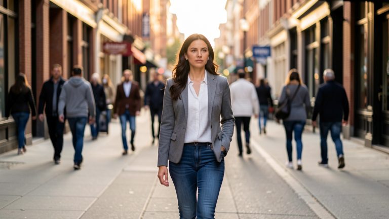 Femme adulte marchant seule dans un quartier urbain animé, avec une attitude discrète et une tenue contemporaine.