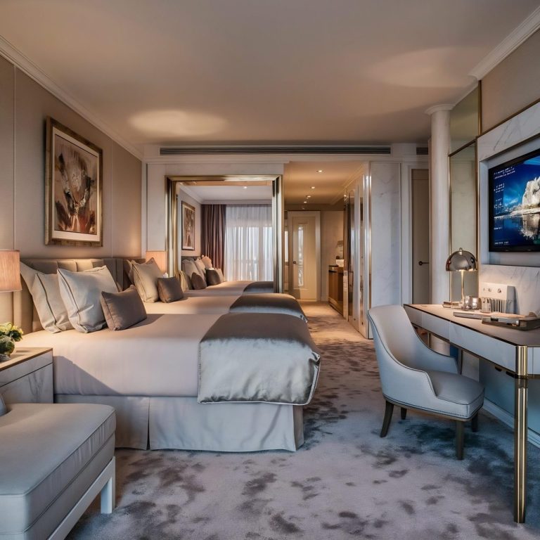 Chambre élégante d’un hôtel à Deauville, avec un lit soigneusement préparé et une ambiance intime.