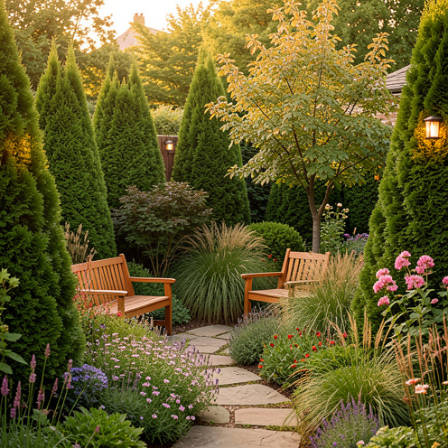 Jardin accueillant en toute saison avec végétation persistante, fleurs, graminées, assises en bois, chemin en pierre et éclairage doux.