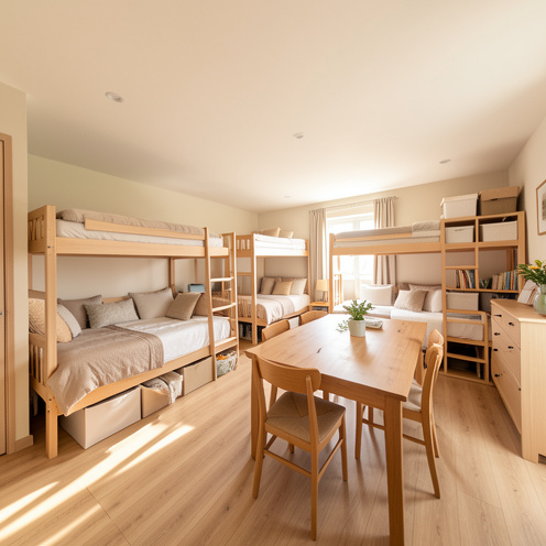 Maison familiale spacieuse présentant plusieurs chambres, des lits soigneusement disposés et des espaces de rangement bien organisés.