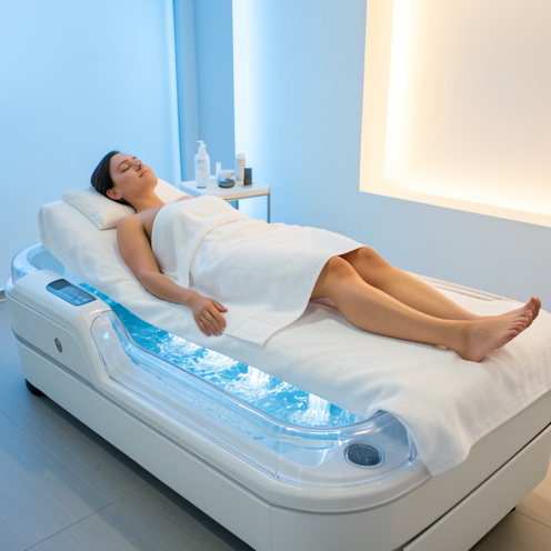 Matelas hydrojet dans une salle de bien-être, avec une femme allongée sous une serviette et des jets d’eau visibles sous la surface transparente.