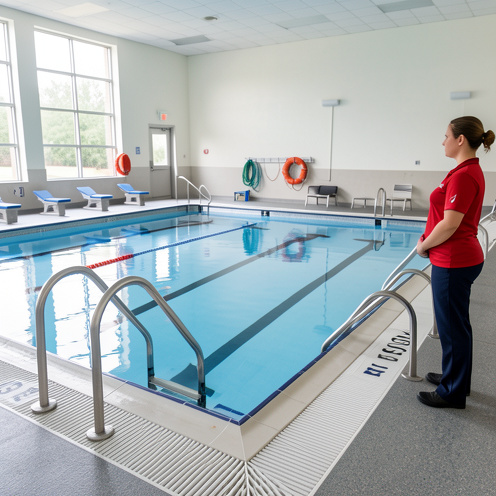 Piscine municipale propre et lumineuse avec équipements de sécurité, accès adaptés et une surveillante au bord du bassin.