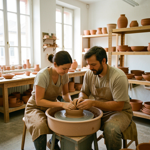 Atelier de poterie lumineux à Toulouse où une femme et un homme débutants façonnent des bols en argile sur des tours de potier.