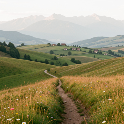 Sentier de randonnée sinueux traversant les collines verdoyantes du Volvestre près de Latrape, avec des fleurs sauvages, des prairies et les Pyrénées à l’horizon.