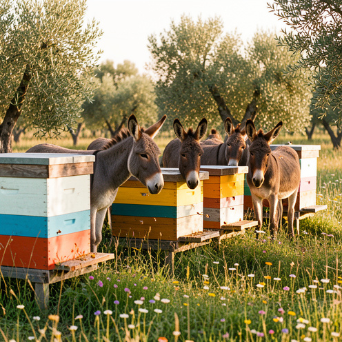 Des ânes paisibles se tiennent près de ruches en bois dans un pré fleuri entouré d'arbres, sous une douce lumière matinale.
