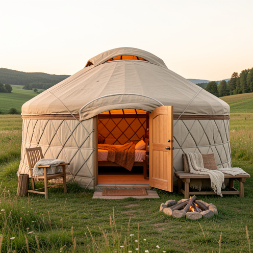 Yourte confortable installée dans une prairie paisible, avec un intérieur chaleureux et un espace extérieur aménagé.