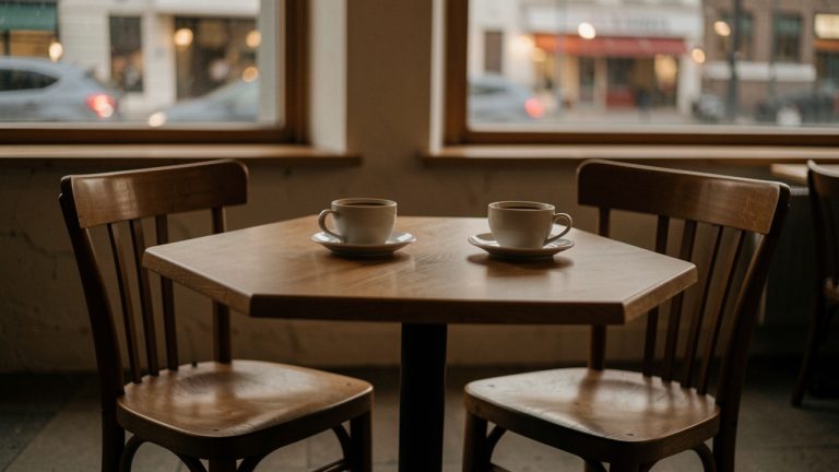Table de café vide après un rendez-vous, avec deux tasses de café et une chaise légèrement reculée dans une lumière du soir mélancolique.