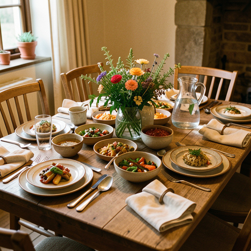Table d’hôtes soigneusement dressée avec plats de saison, bols de service, vaisselle rustique, serviettes en lin et décoration florale dans une ambiance chaleureuse.