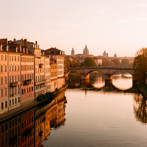 Vue poétique de Toulouse au coucher du soleil, avec les façades en briques roses, la Garonne et le Pont Neuf baignés d’une lumière dorée.