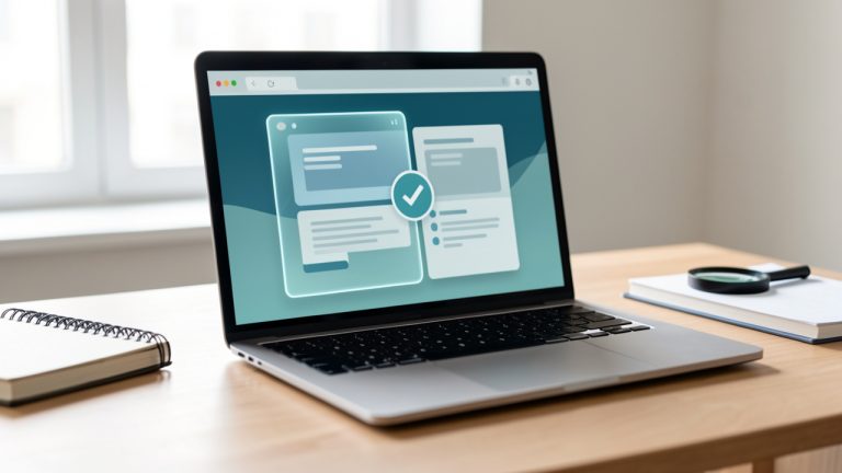 Ordinateur portable présentant une interface abstraite protégée par un bouclier translucide et une coche de vérification, symbolisant l’évaluation de la fiabilité d’une plateforme en ligne.