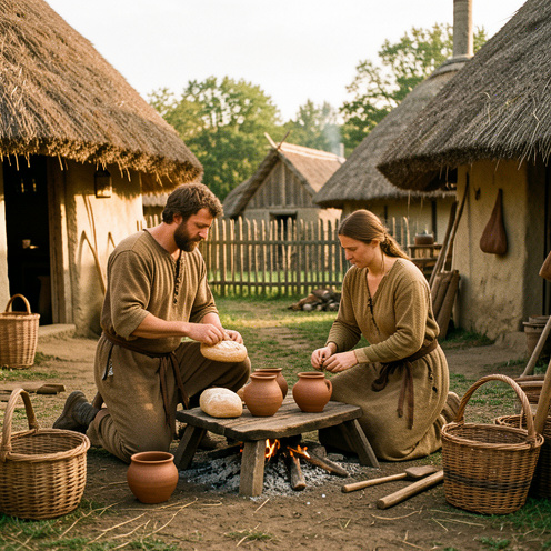 Un homme et une femme vêtus de costumes inspirés de l’âge du fer préparent du pain et de la poterie dans un village gaulois reconstitué.