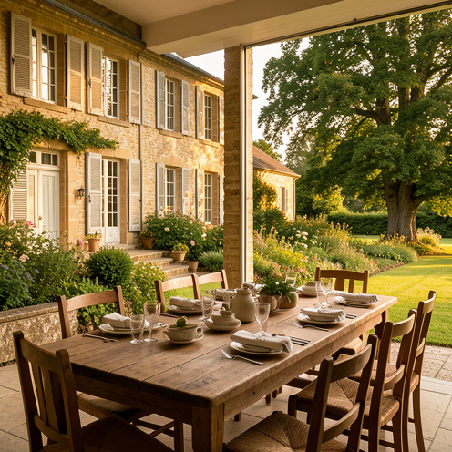 Vue d’une villa ancienne entourée de verdure et de son ancienne salle de table d’hôtes avec une longue table en bois dressée.