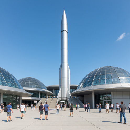 Vue extérieure d’un musée spatial moderne avec une grande fusée argentée et des visiteurs sur l’esplanade.