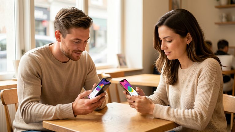 Un homme et une femme adultes consultent chacun leur téléphone dans un café lumineux à l’ambiance chaleureuse.
