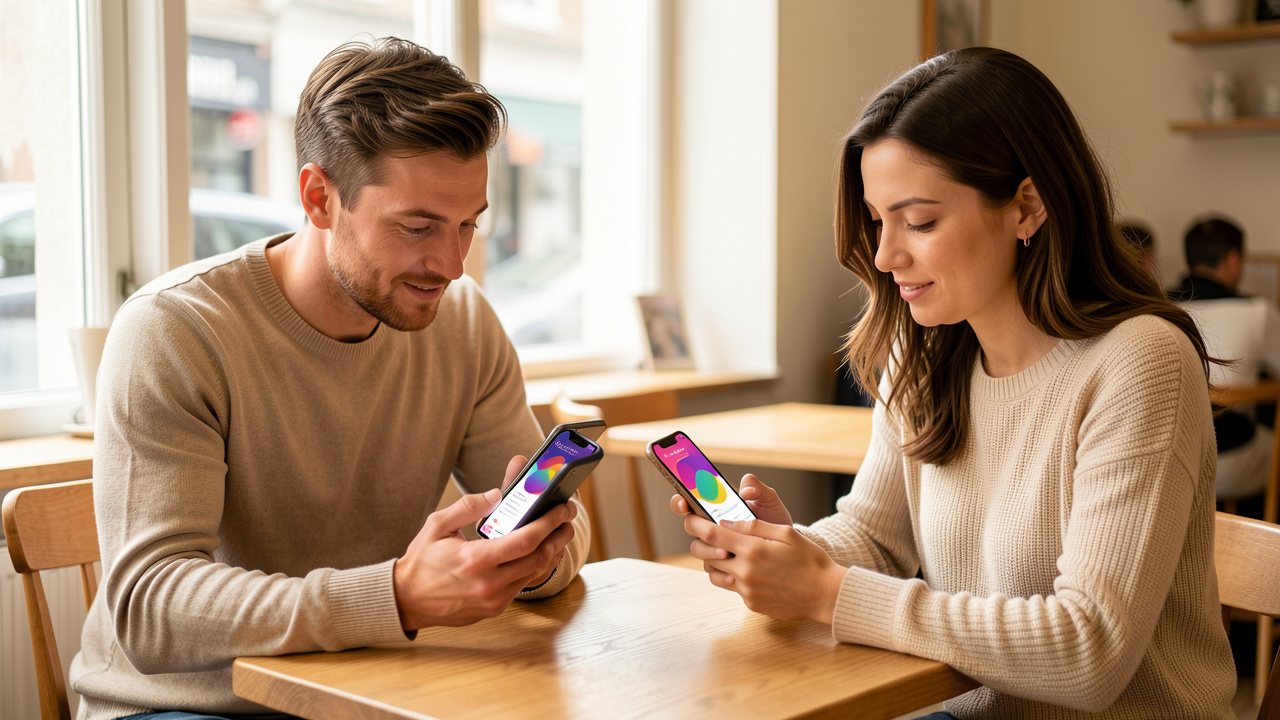 Un homme et une femme adultes consultent chacun leur téléphone dans un café lumineux à l’ambiance chaleureuse.