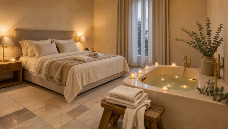 Chambre romantique et élégante avec baignoire spa, linge doux, peignoirs, bougies et lumière chaleureuse.