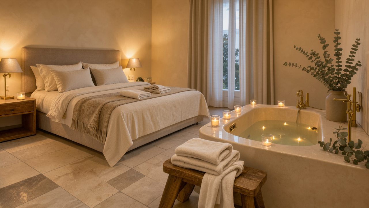 Chambre romantique et élégante avec baignoire spa, linge doux, peignoirs, bougies et lumière chaleureuse.