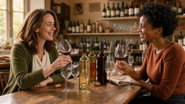 Deux femmes adultes partagent un moment complice lors d’un cours d’œnologie à Toulouse, autour de verres et de bouteilles de vin sans étiquette.