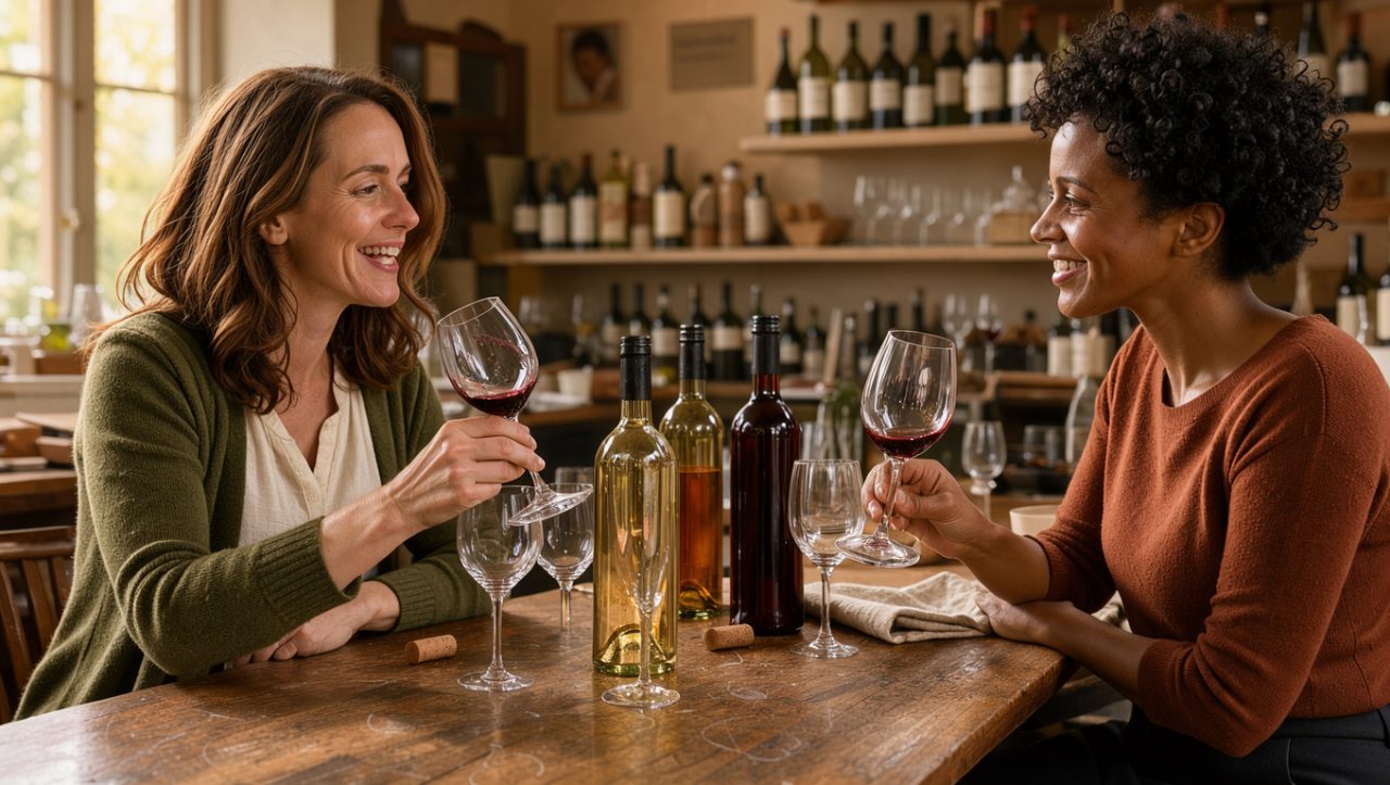 Deux femmes adultes partagent un moment complice lors d’un cours d’œnologie à Toulouse, autour de verres et de bouteilles de vin sans étiquette.