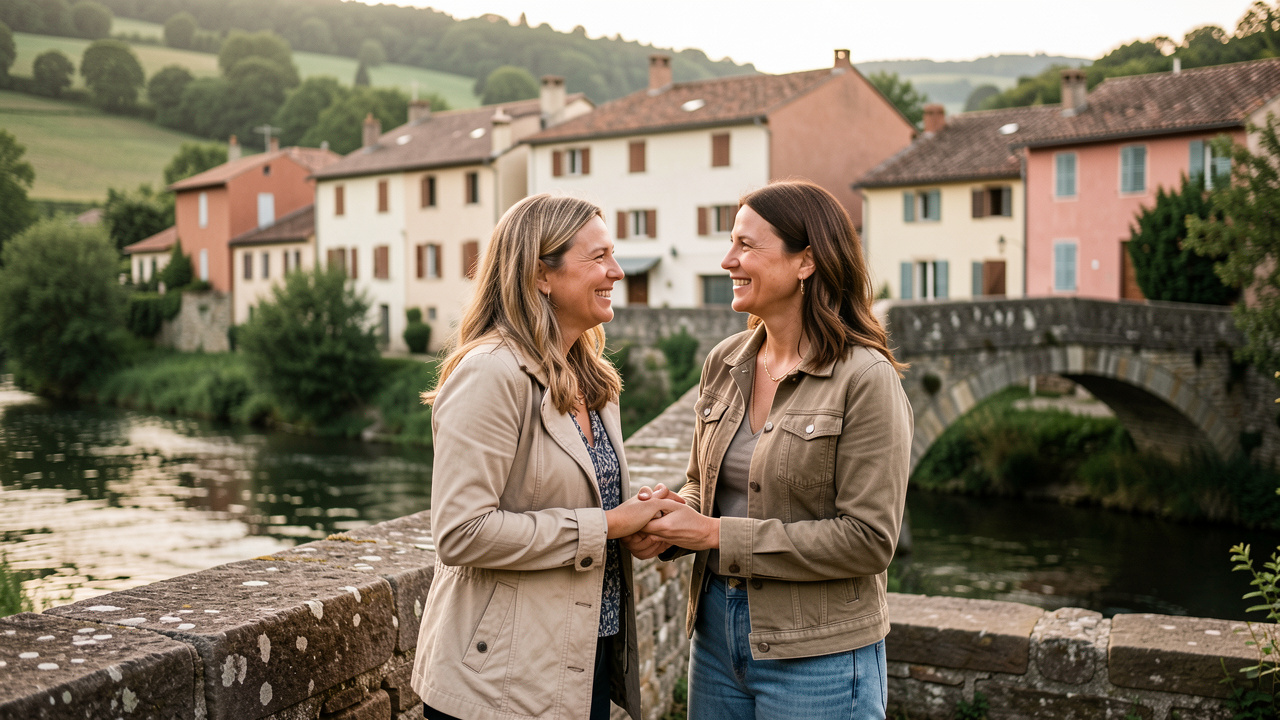 Deux femmes souriantes se tiennent la main lors d’une escapade romantique dans un village verdoyant près de Latrape.