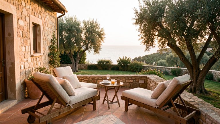 Villa méditerranéenne isolée aménagée avec élégance pour une escapade romantique paisible, donnant sur la mer au coucher du soleil.