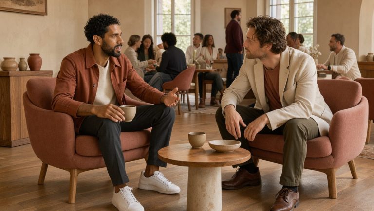Deux hommes adultes discutent sereinement dans un espace convivial et inclusif inspiré de Toulouse, entourés d’autres adultes dans une atmosphère chaleureuse.