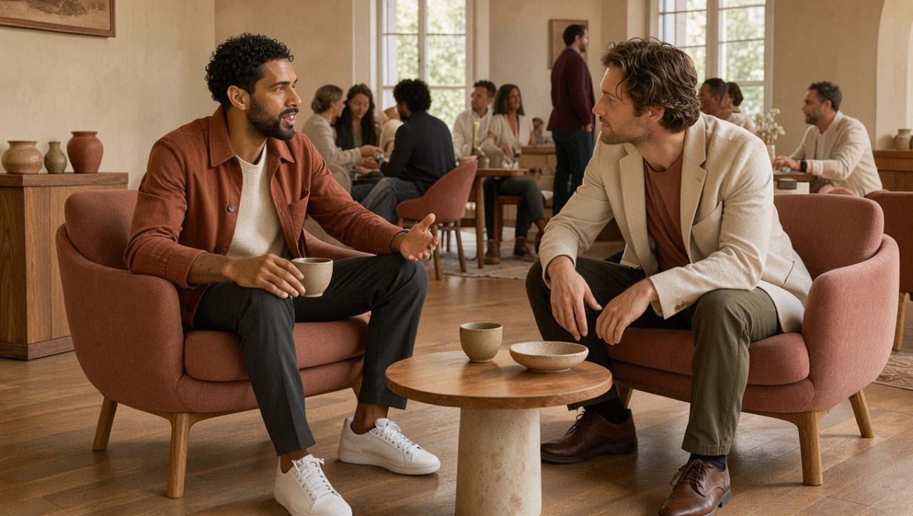 Deux hommes adultes discutent sereinement dans un espace convivial et inclusif inspiré de Toulouse, entourés d’autres adultes dans une atmosphère chaleureuse.