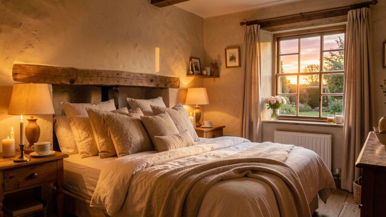 Gîte champêtre chaleureux aménagé pour une escapade romantique, avec lit en lin, cheminée, fleurs fraîches et jardin privé au coucher du soleil.