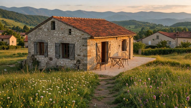 Un charmant gîte en pierre en Haute-Garonne, entre village paisible, prairie fleurie et paysages verdoyants menant aux Pyrénées au coucher du soleil.