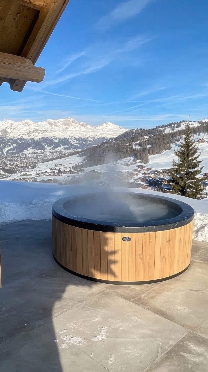 Jacuzzi extérieur d’un hôtel libertin à Besançon en hiver, entouré de neige.