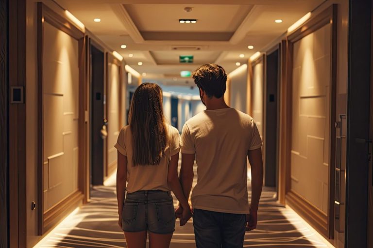 Un couple arrive devant un hôtel à Reims en VTC.