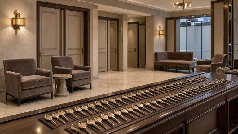 Entrée élégante d’un hôtel boutique avec espaces privés, sièges en velours et éclairage chaleureux, évoquant une réservation de groupe discrète.