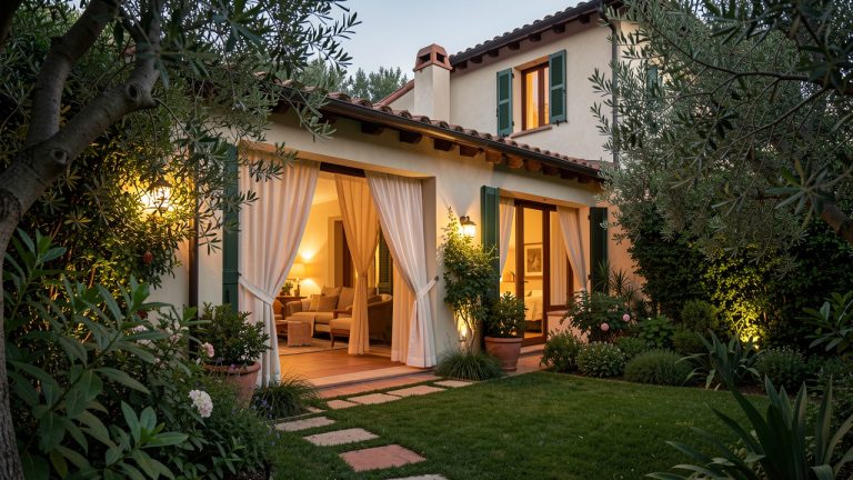 Maison d’hôte élégante et isolée, entourée de verdure, avec une ambiance chaleureuse et propice à l’intimité.