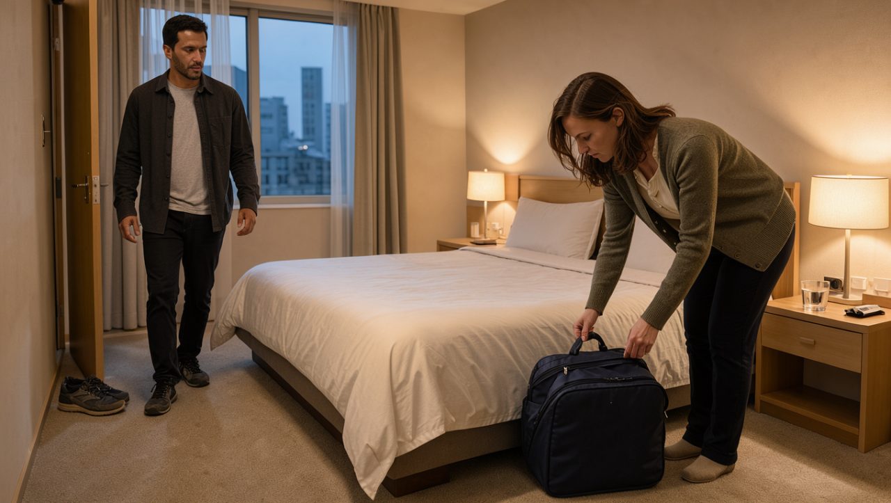 Un homme et une femme arrivent discrètement dans une chambre d’hôtel simple et chaleureuse, avec un sac de voyage près du lit.