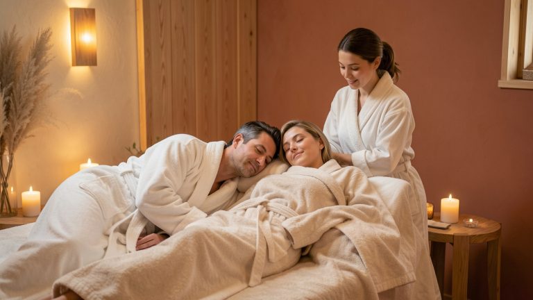 Un homme et une femme profitent d’un massage bien-être en couple dans un spa élégant aux tons chaleureux, accompagnés par une professionnelle.