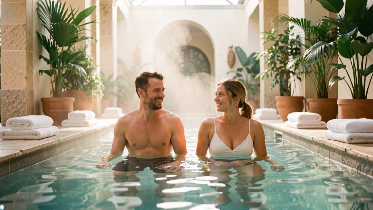 Un homme et une femme profitent ensemble d’un moment de détente dans un spa chaleureux avec piscine intérieure, vapeur douce, pierres naturelles et plantes verdoyantes.