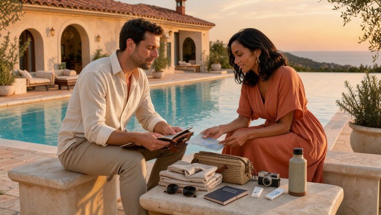 Un homme et une femme préparent ensemble une escapade romantique dans une élégante villa méditerranéenne au bord d’une piscine.